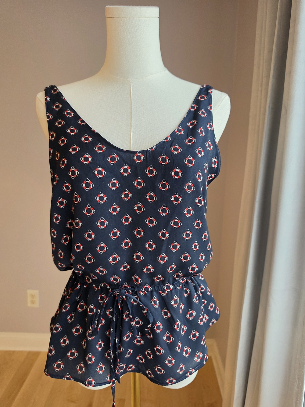 Zara Navy Sleeveless Tie-Waist Mini Dress with Red & White Lifebuoy Print